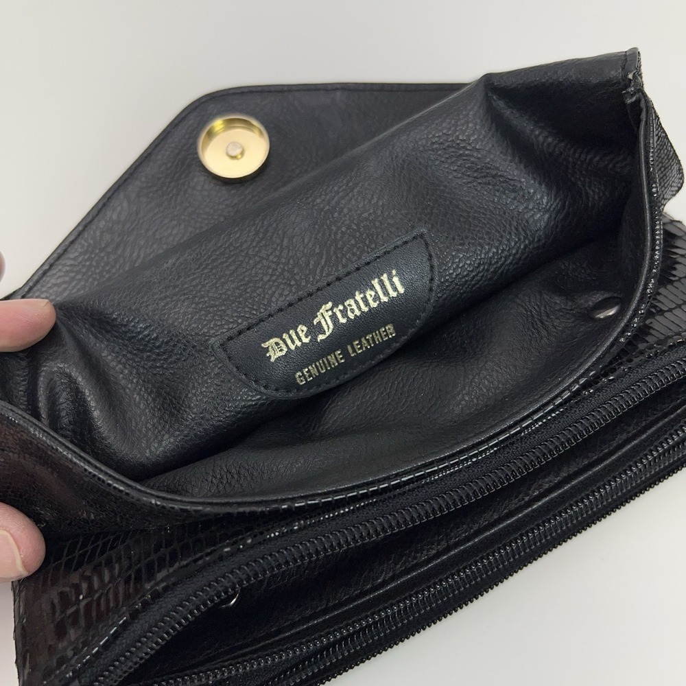 Vtg DUE FRATELLI Leather Purse Black Croc Embossed Crossbody Clutch Bag Classic - Picture 6 of 15